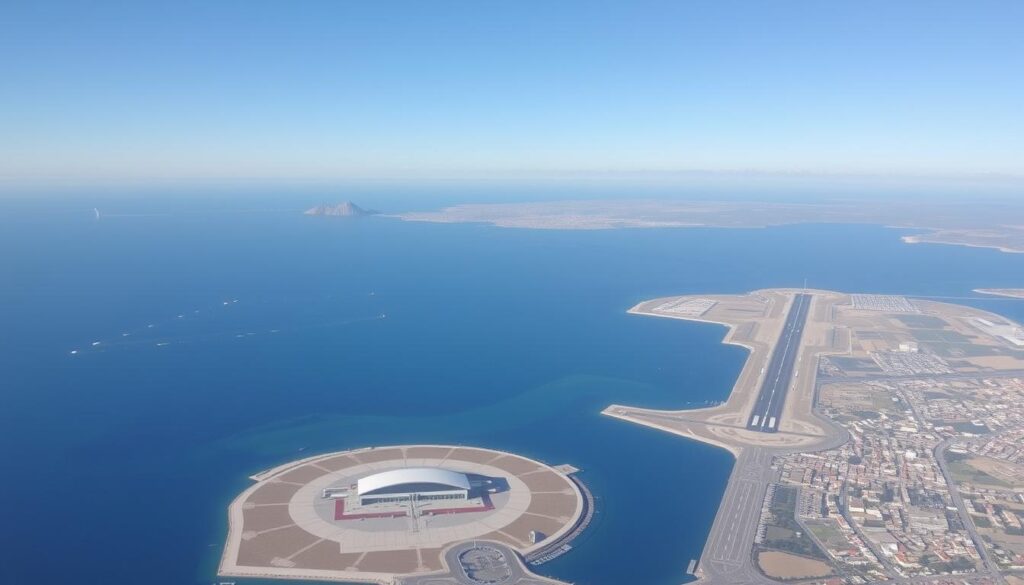 Aerial view of Tangier Ibn Battouta Airport showing its proximity to the Mediterranean
