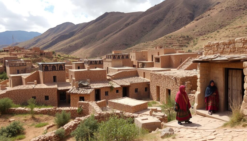 Berber village in the Atlas Mountains with traditional architecture and people speaking Tamazight