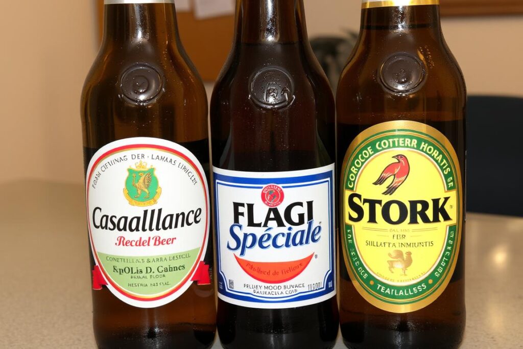 Bottles of Casablanca beer, Flag Spéciale, and Stork beer arranged together