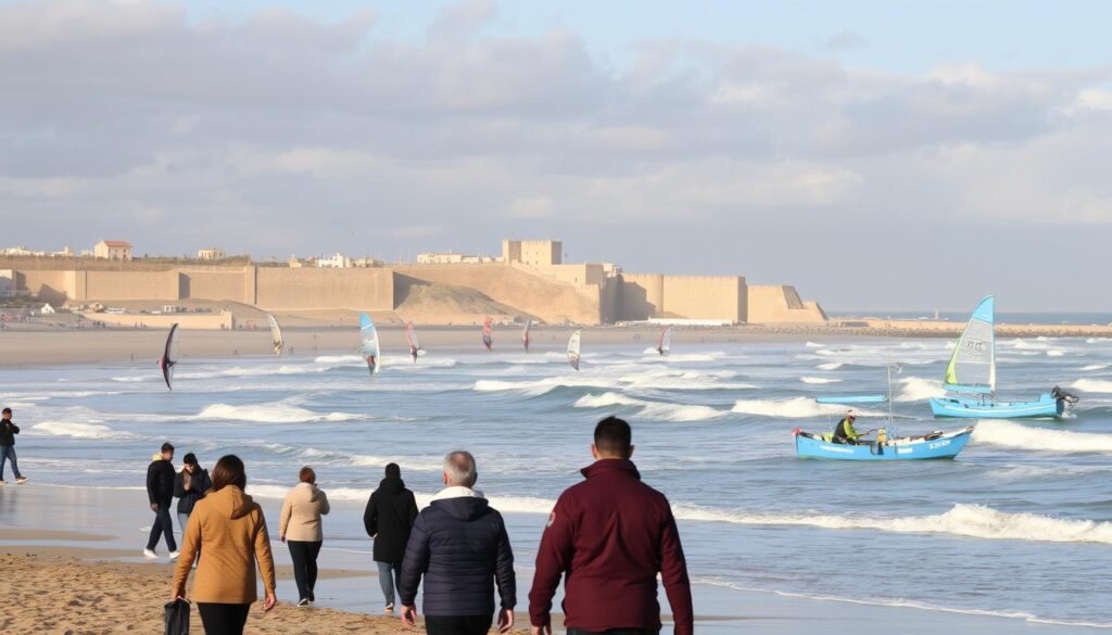 Coastal view of Essaouira in Morocco during December with surfers