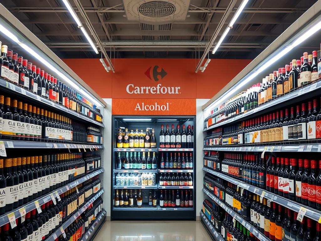Dedicated alcohol section in a Moroccan supermarket with various wine and beer options