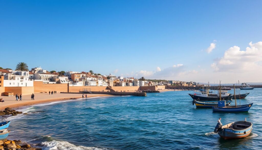 Essaouira coastal city in Morocco during December with blue skies and mild weather