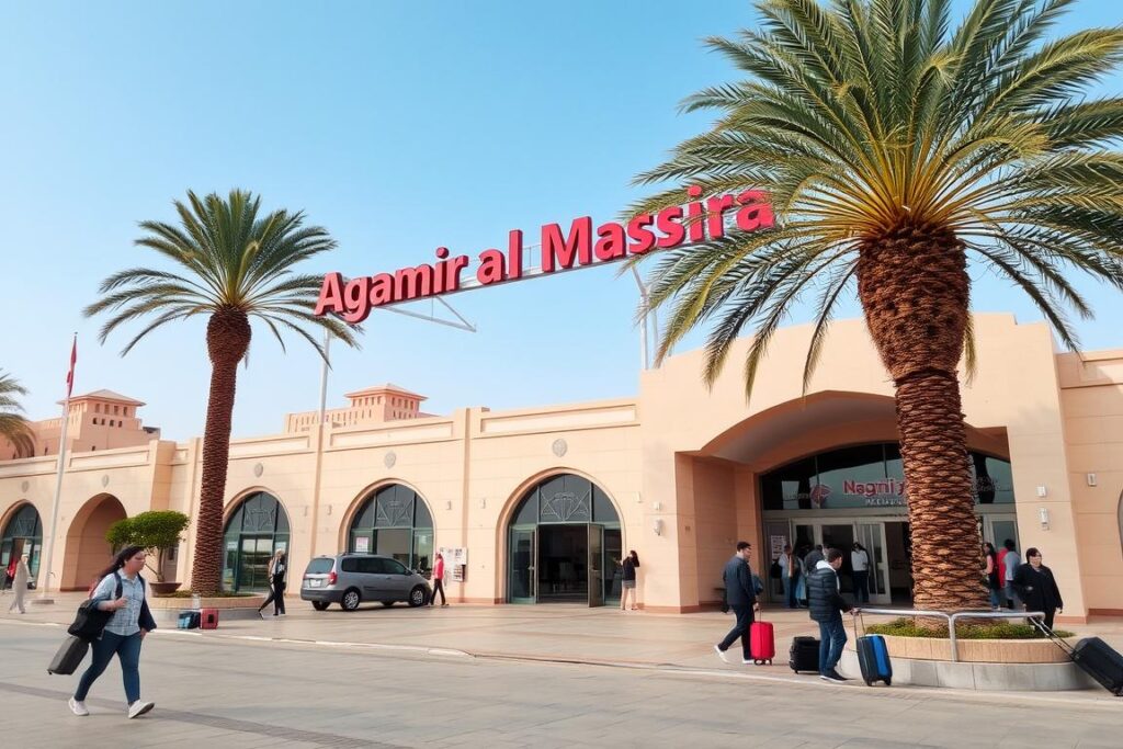 Exterior of Agadir Al Massira Airport with palm trees and Moroccan architectural elements