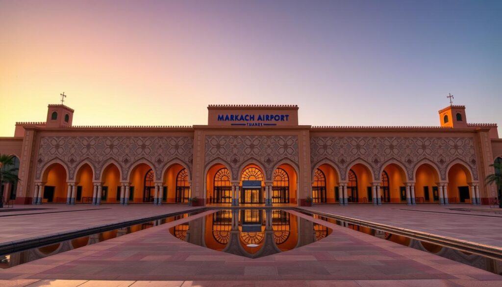 Exterior view of Marrakech Menara Airport showing its distinctive Moroccan architectural elements