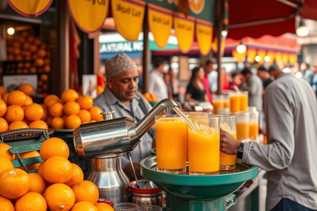 Fresh orange juice being squeezed at a Moroccan market stall