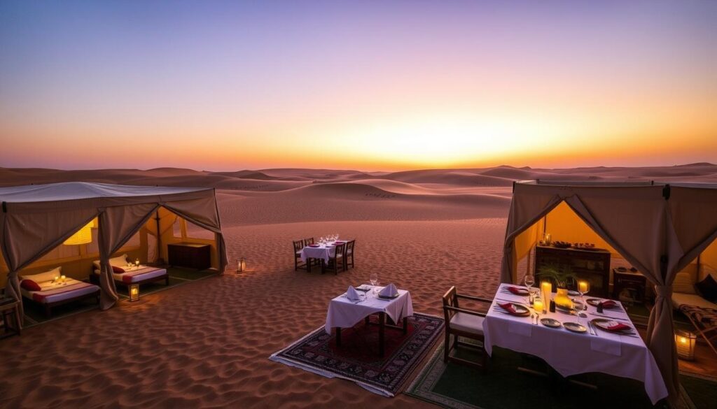 Luxury desert camp in the Sahara with dining area where alcohol might be served discreetly