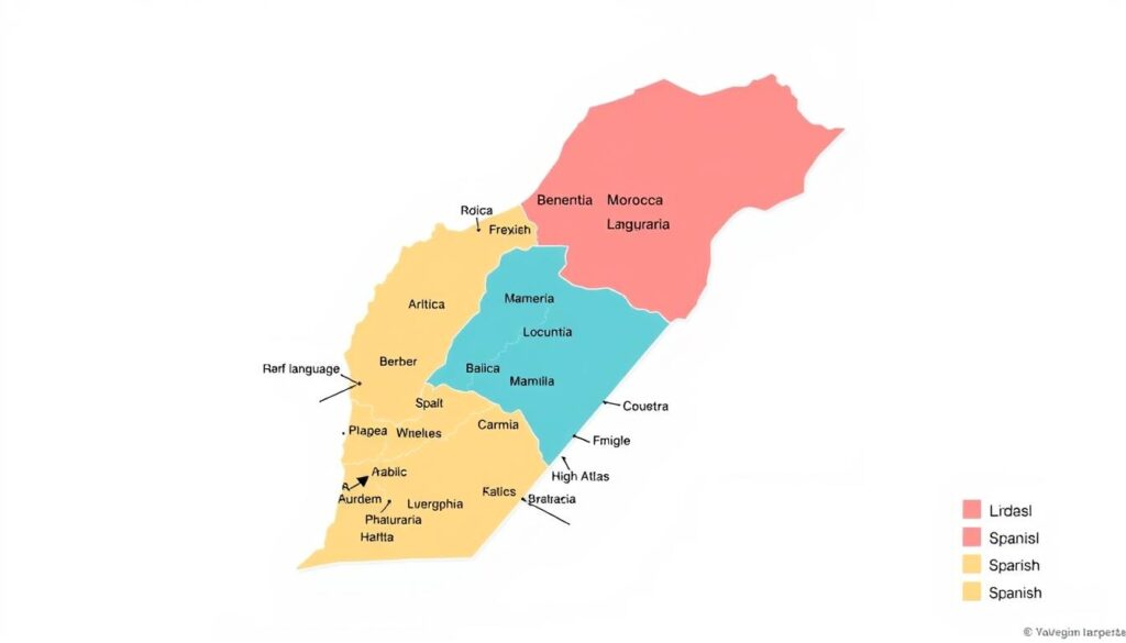 What is the Moroccan Language? A Guide to Linguistic Diversity in Morocco Map showing the distribution of languages across Morocco with Arabic, Berber, French and Spanish regions highlighted