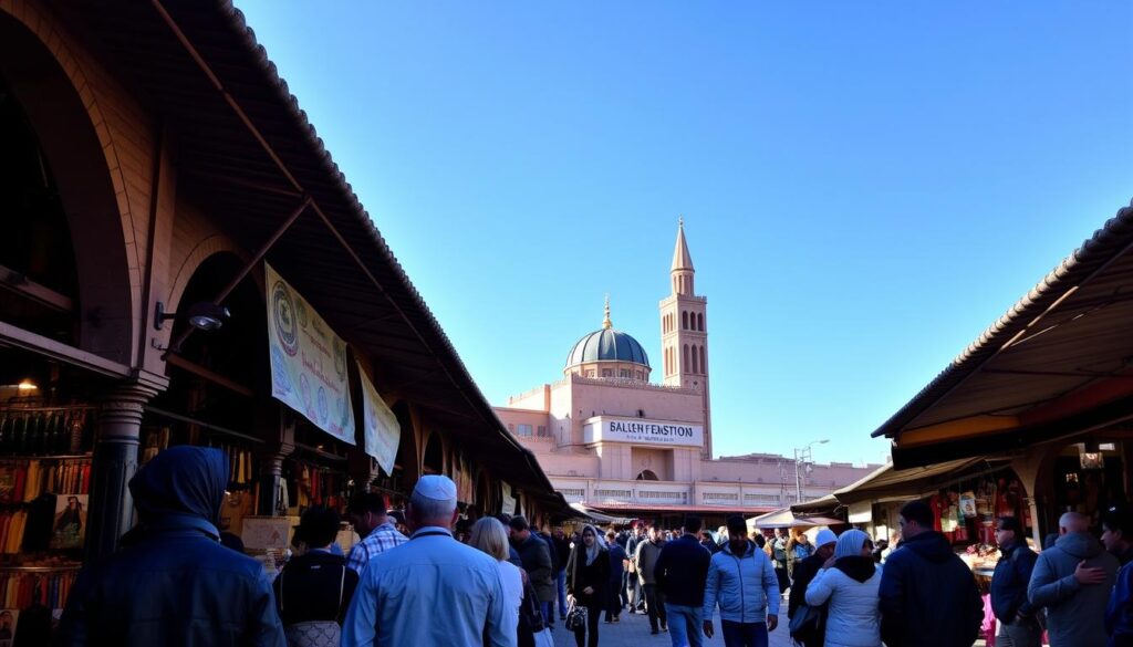 Marrakech Jemaa el-Fnaa square in December with pleasant weather and tourists
