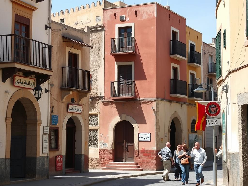 Northern Moroccan city with Spanish architectural influences and bilingual Arabic-Spanish signs