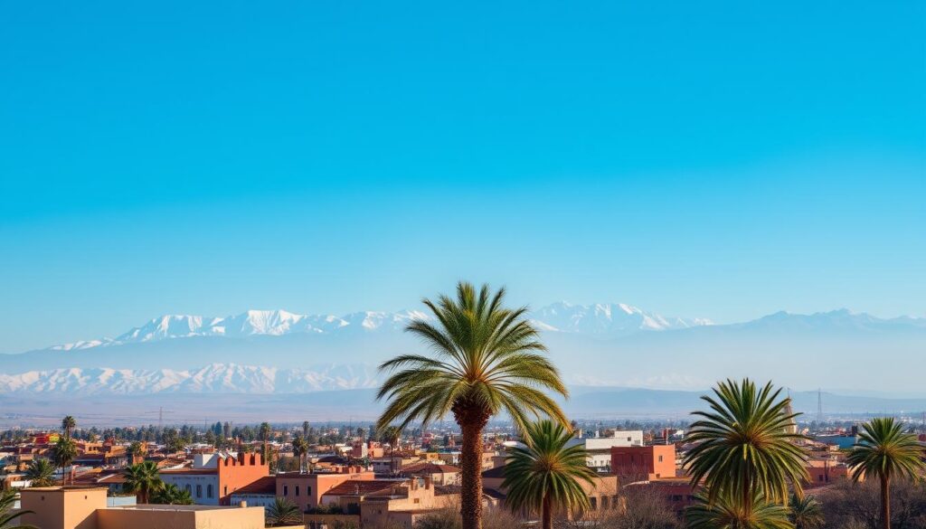 Morocco Weather in December: Your Complete Guide to Winter Travel Panoramic view of Marrakech with snow-capped Atlas Mountains in the background during December