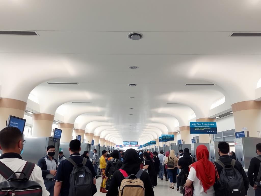 Passengers going through customs and immigration at a Moroccan airport