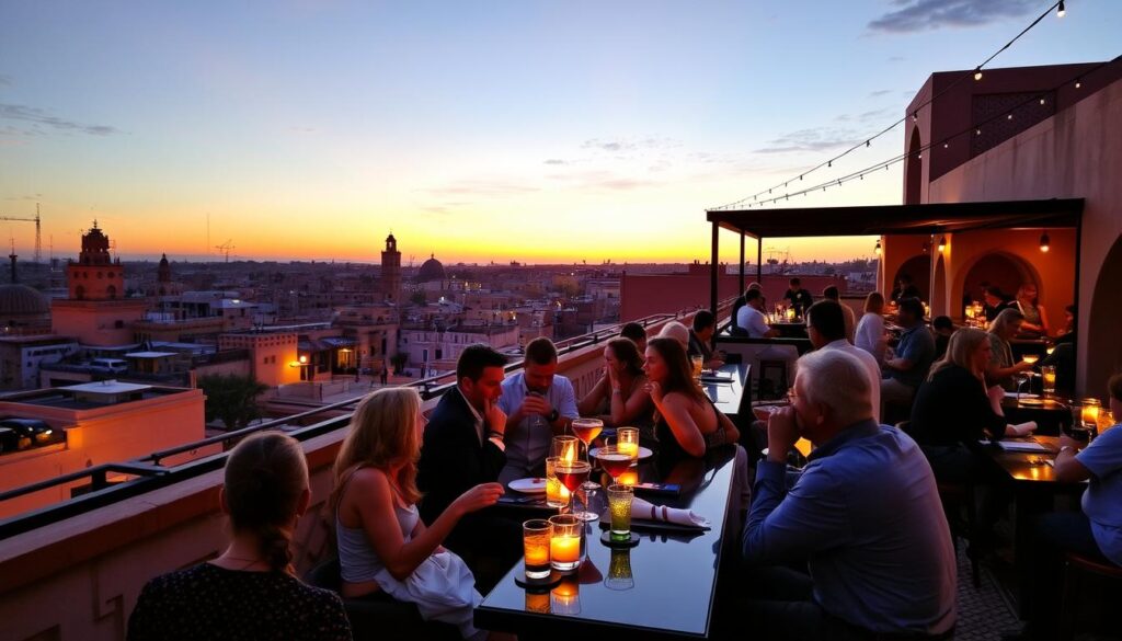Rooftop bar in Marrakech serving cocktails with a view of the medina at sunset