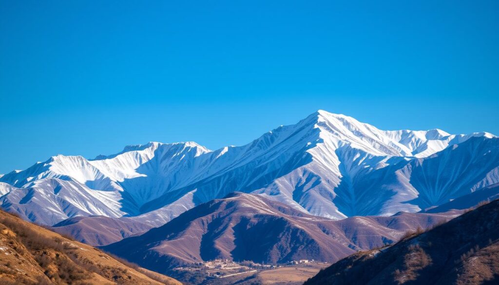Snow-capped Atlas Mountains in Morocco during December with clear blue skies