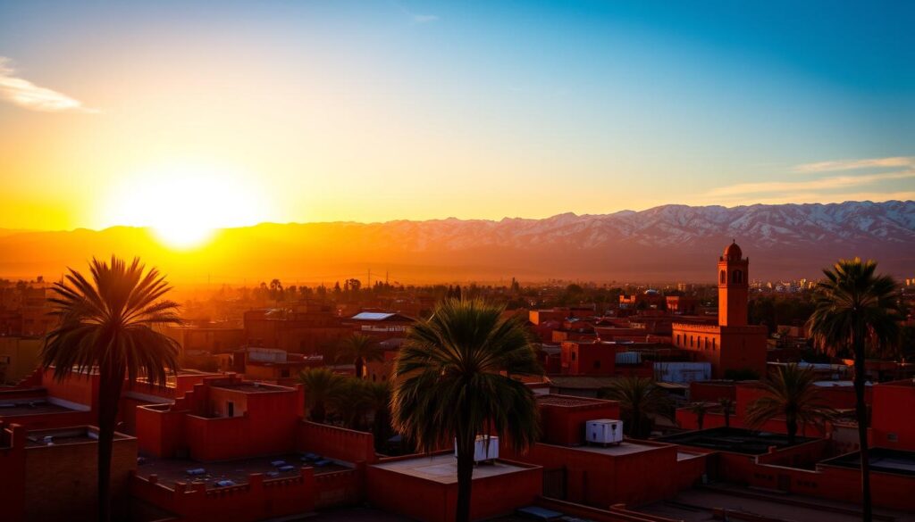 Sunset over Marrakech with Atlas Mountains in the background during December