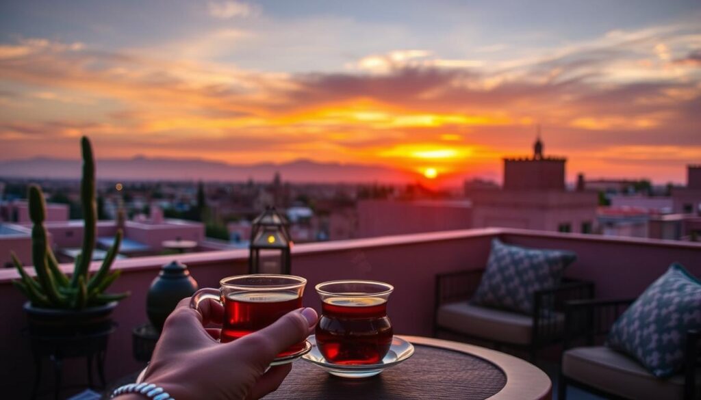Sunset view from a Marrakech rooftop with traditional tea and the Atlas Mountains in the distance