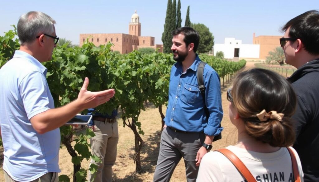 Tour guide explaining Moroccan wine to tourists at a vineyard near Meknes