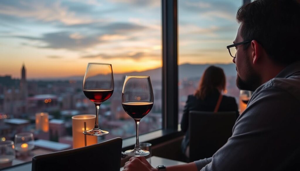 Drinking Alcohol in Morocco: Complete Guide to Laws, Culture & Etiquette Tourist enjoying a glass of Moroccan wine at a licensed hotel restaurant in Marrakech with view of the city