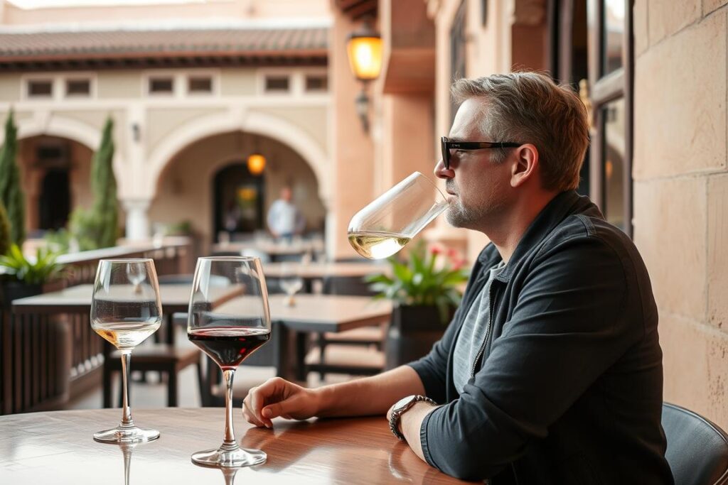Tourist enjoying wine discreetly at a restaurant terrace in Morocco