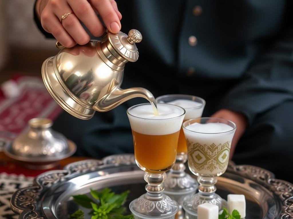 Traditional Moroccan mint tea being poured from height into ornate glasses