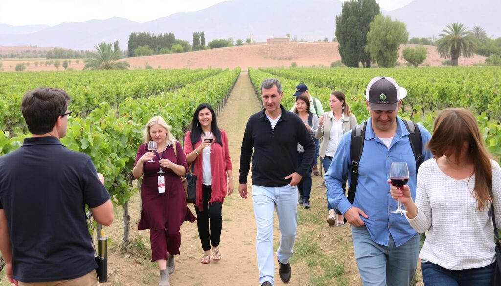 Vineyard tour in the Meknes region of Morocco with tourists sampling local wines